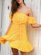 Choies Yellow Off Shoulder Double Layer Ruffle Wrap Tie Side Dress