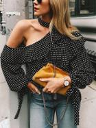 Choies Black Halter Polka Dot Asymmetric Neck Long Sleeve Blouse