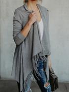 Choies Gray Cotton Tassel Trim Long Sleeve Chic Women Cardigan