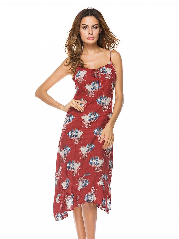 Choies Red Floral Lace Up Front Spaghetti Strap Ruffle Hem Midi Dress