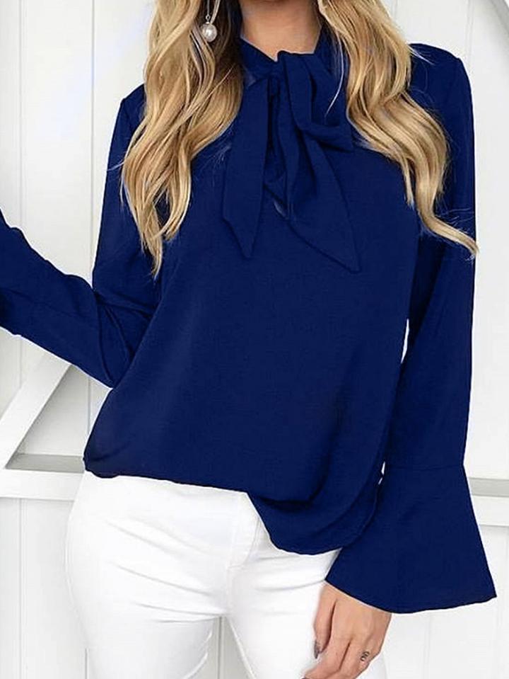 Choies Dark Blue Tie Front Flare Sleeve Chic Women Blouse