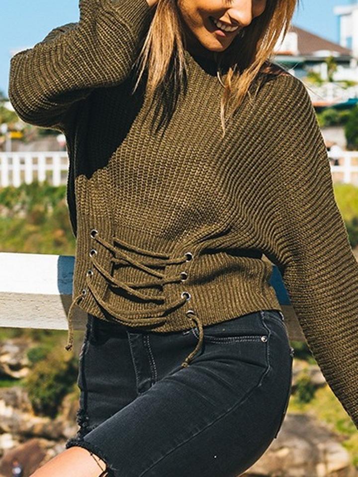 Choies Army Green Eyelet Lace Up Front Long Sleeve Chic Women Sweater