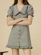 Choies Gray Houndstooth Print Button Placket Front Puff Sleeve Mini Dress