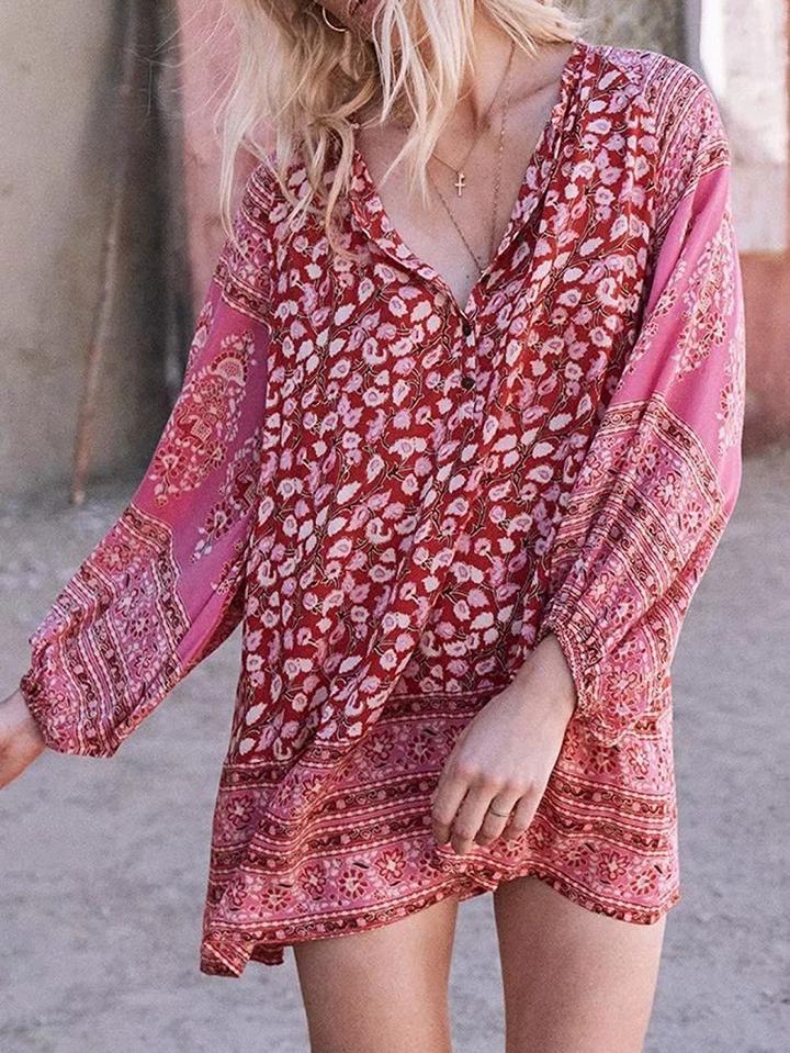 Choies Red Cotton V-neck Floral Print Puff Sleeve Chic Women Mini Dress