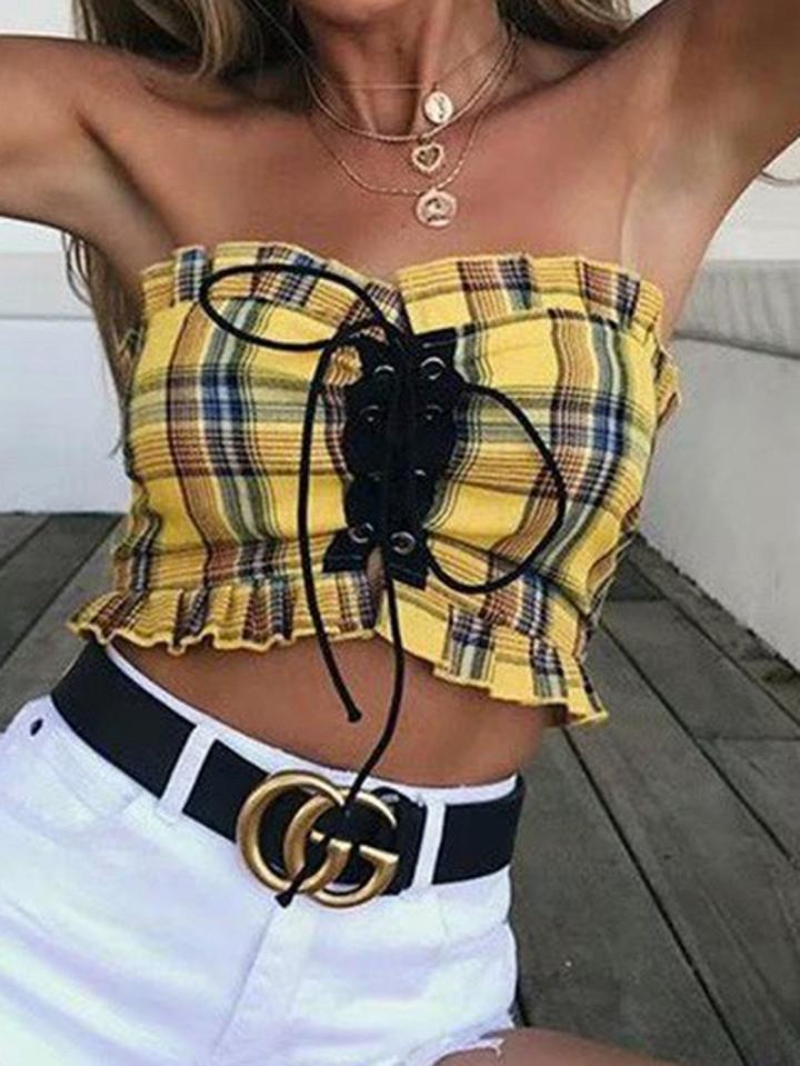 Choies Yellow Plaid Bandeau Eyelet Lace Up Front Women Cotton Crop Top