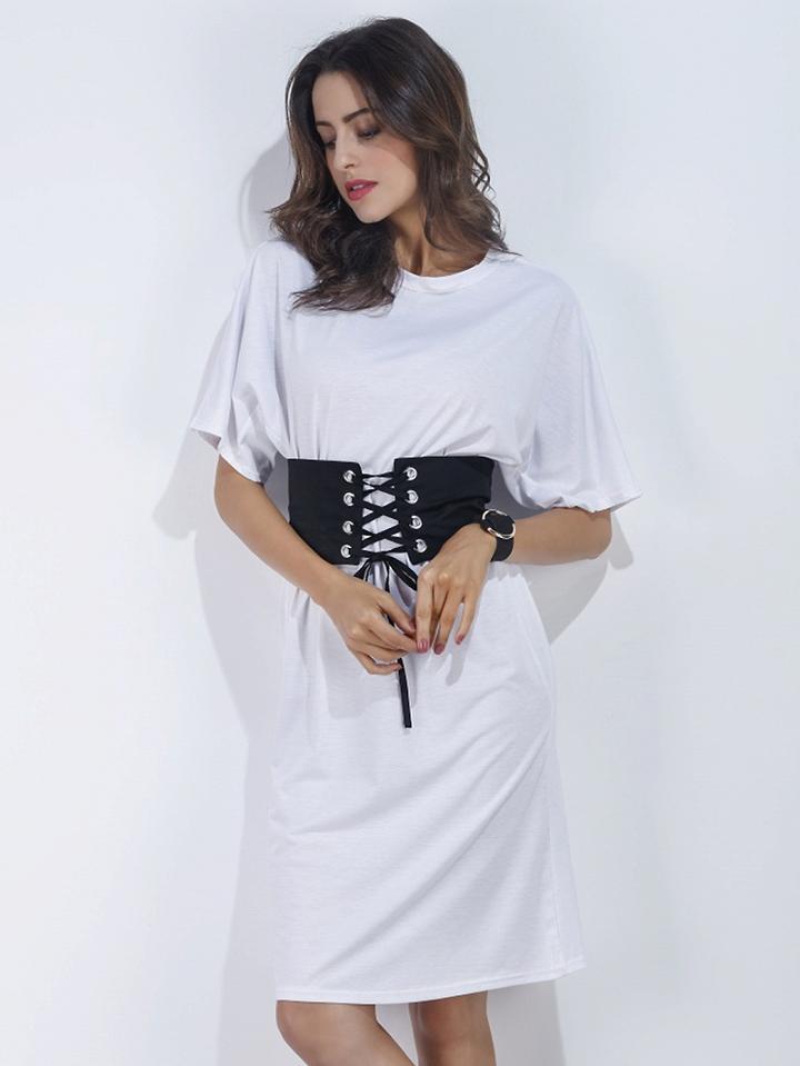 Choies White Short Sleeve Corset Belt T-shirt Dress