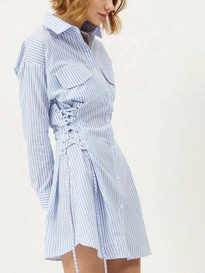 Choies Blue Stripe Lace Up Side Long Sleeve Shirt Dress