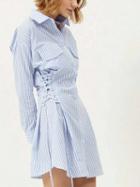 Choies Blue Stripe Lace Up Side Long Sleeve Shirt Dress
