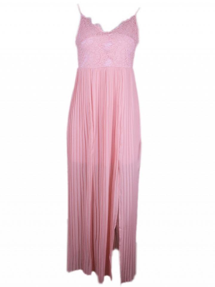 Choies Pink Spaghetti Strap Plunge Lace Panel Thigh Split Maxi Dress