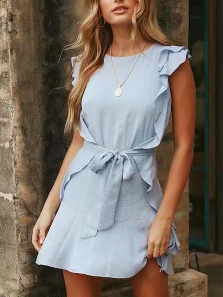 Choies Blue Cotton Ruffle Trim Tie Waist Sleeveless Chic Women Mini Dress