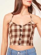 Choies Dark Brown Plaid Halter V-neck Button Placket Front Crop Cami Top