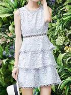 Choies Blue Cut Out Detail Sleeveless Layered Sheer Lace Dress