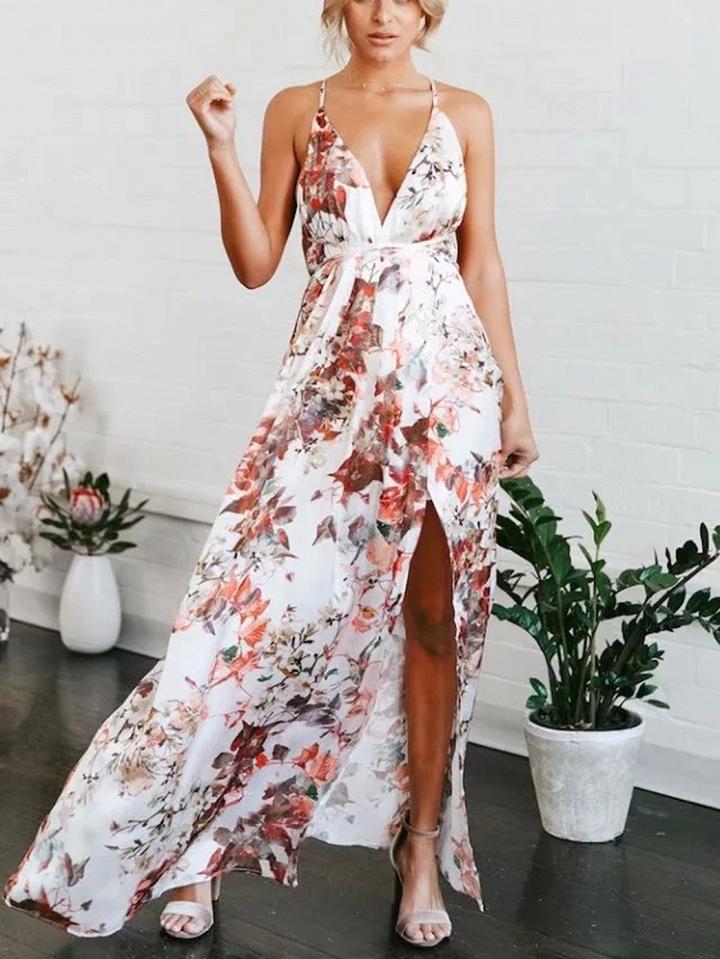 Choies Polychrome Plunge Print Detail Thigh Split Open Back Dress