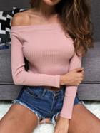 Choies Nude Pink Off Shoulder Long Sleeve Ribbed Crop T-shirt