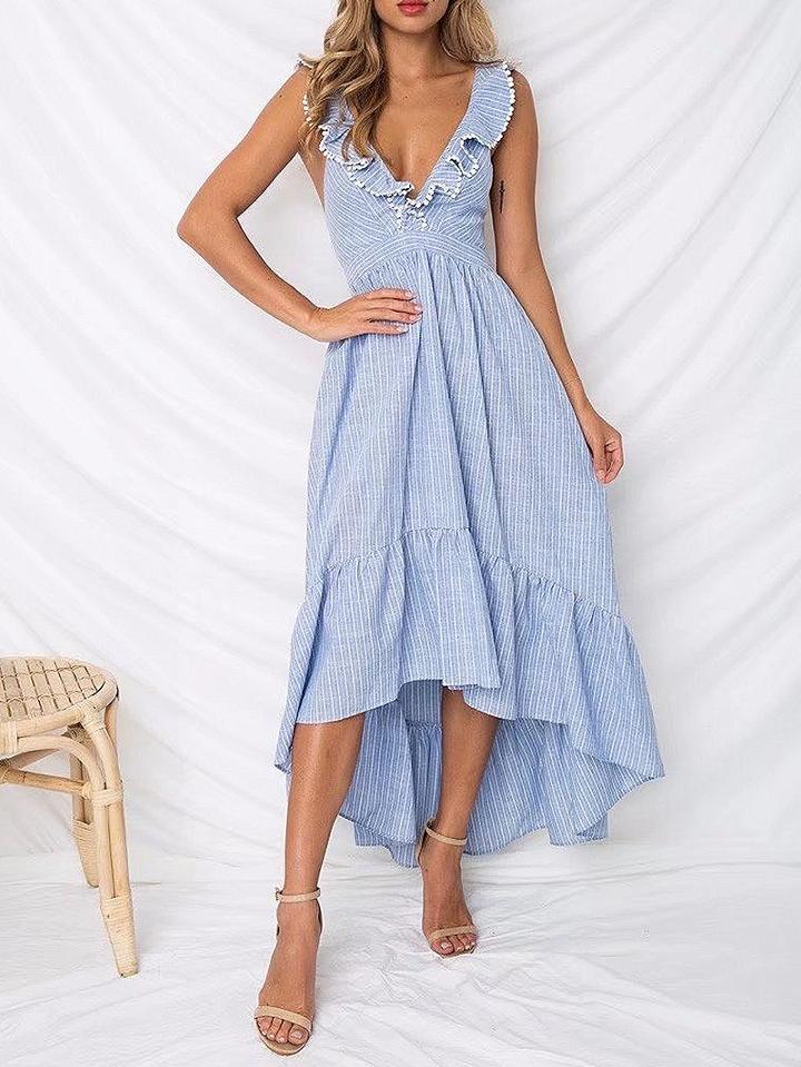 Choies Light Blue Stripe Plunge Ruffle Trim Open Back Hi-lo Midi Dress