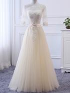 Choies Champagne Sheer Mesh Embroidery Lace Up Back Tulle Maxi Prom Dress