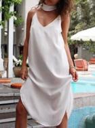 Choies White V-neck Side Split Backless Choker Detail Cami Dress
