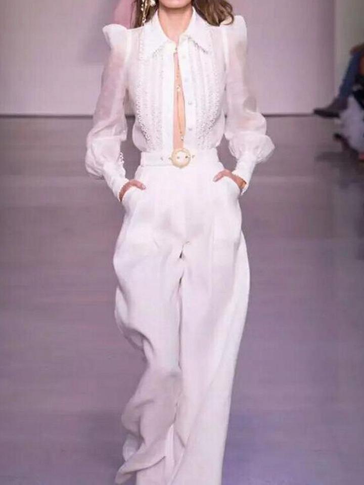 Choies White Puff Sleeve Chic Women Shirt And High Waist Wide Leg Pants