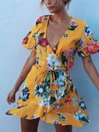 Choies Yellow Plunge Tie Waist Ruffle Trim Print Detail Mini Dress