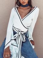 Choies White Contrast Hem V-neck Wrap Tie Flared Sleeve Crop Top