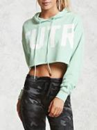 Choies Light Green Letter Print Drawstring Cropped Hoodie