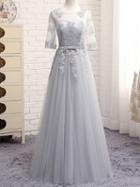 Choies Gray Sheer Mesh Embroidery Lace Up Back Tulle Maxi Prom Dress