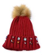 Choies Red Faux Diamond Embellished Pom Pom Beanie Hat