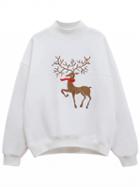 Choies White High Neck Embroidery Deer  Long Sleeve Sweatshirt