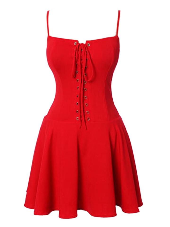 Choies Red Spaghetti Strap Lace Up Front Skater Dress