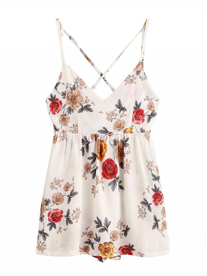 Choies White V-neck Floral Strap Back Cross Romper Playsuit