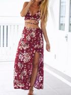 Choies Red Floral Print Cross Strap Crop Top And Thigh Split Skirt