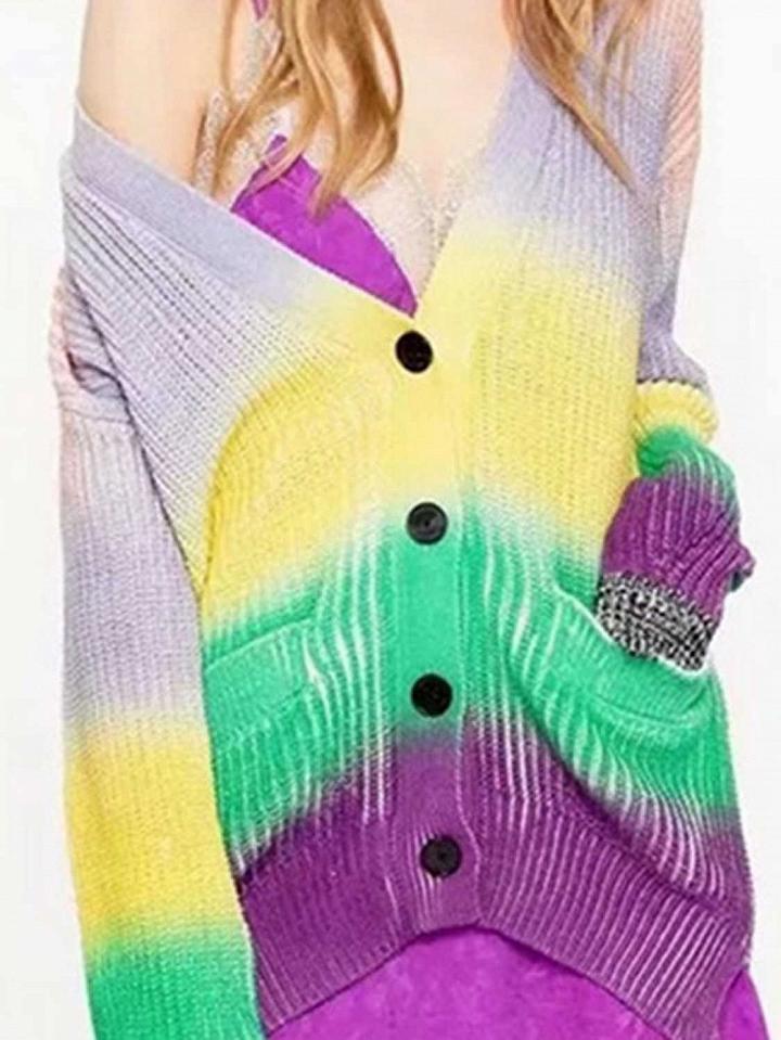 Choies Polychrome Stripe Button Placket Front Long Sleeve Knit Cardigan
