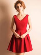 Choies Red V-neck Bow Back Embellished Backless Skater Mini Dress
