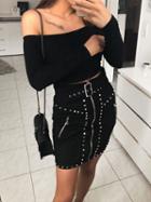 Choies Black High Waist Buckle Strap Stud Detail Suede Mini Skirt
