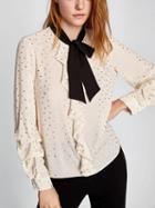 Choies White Bow Front Ruffle Trim Long Sleeve Blouse