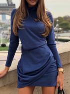 Choies Dark Blue High Neck Ruched Detail Long Sleeve Women Mini Dress