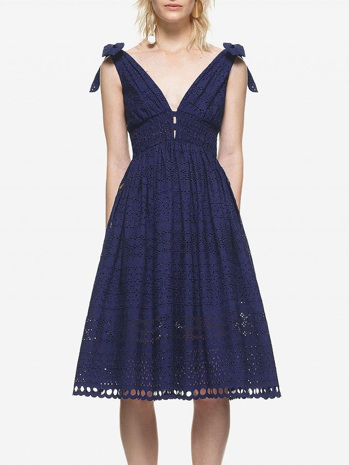Choies Navy Blue V Front And V Back Tie Shoulder Cutwork Lace Midi Dress