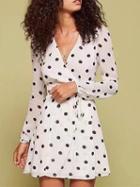 Choies White V-neck Tie Waist Polka Dot Long Sleeve Mini Dress