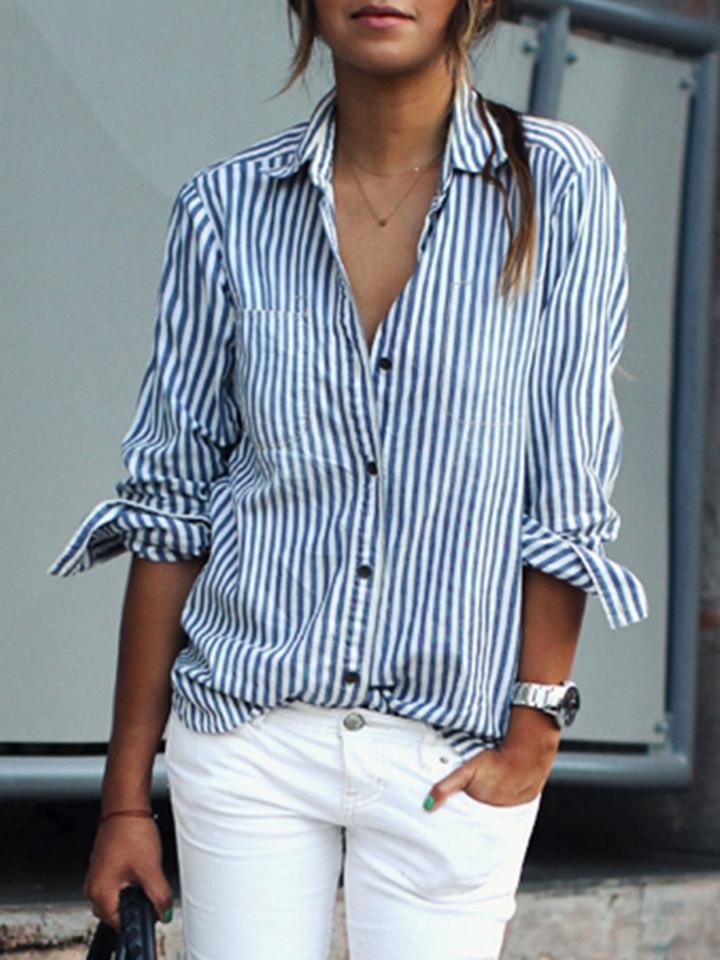 Choies Blue Stripe Pocket Detail Long Sleeve Shirt