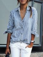 Choies Blue Stripe Pocket Detail Long Sleeve Shirt
