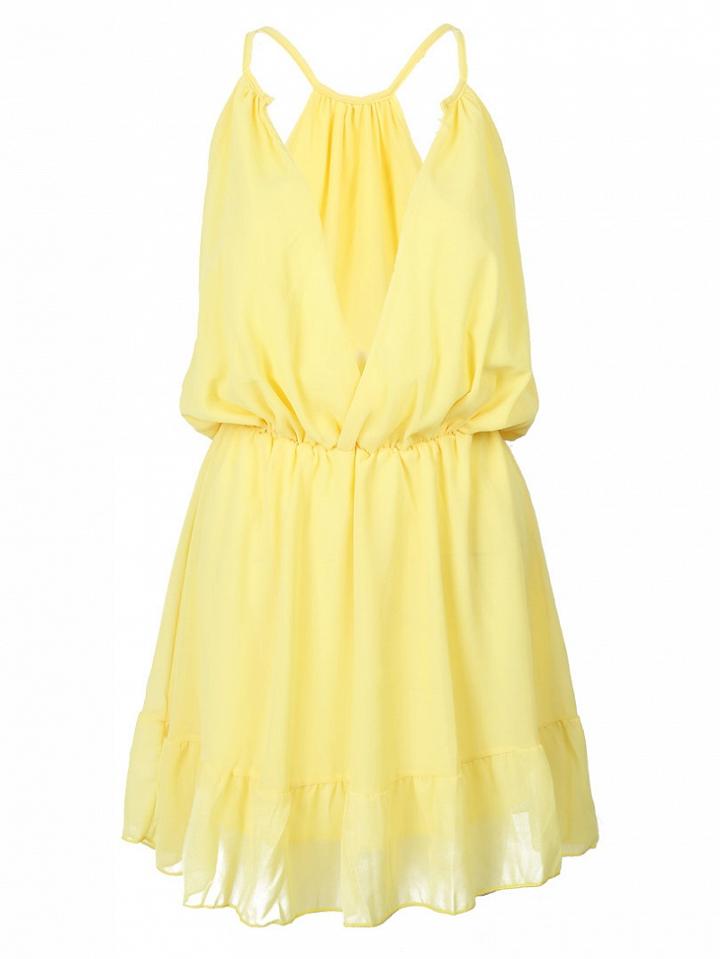Choies Yellow Plunge Neck Elastic Wasit Dress
