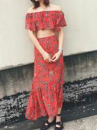 Choies Red Off Shoulder Floral Crop Top And High Waist Maxi Skirt