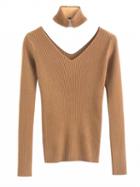 Choies Khaki Choker Neck V-neck Ribbed Knit Sweater