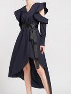 Choies Black V-neck Ruffle Trim Long Sleeve Chic Women Hi-lo Midi Dress