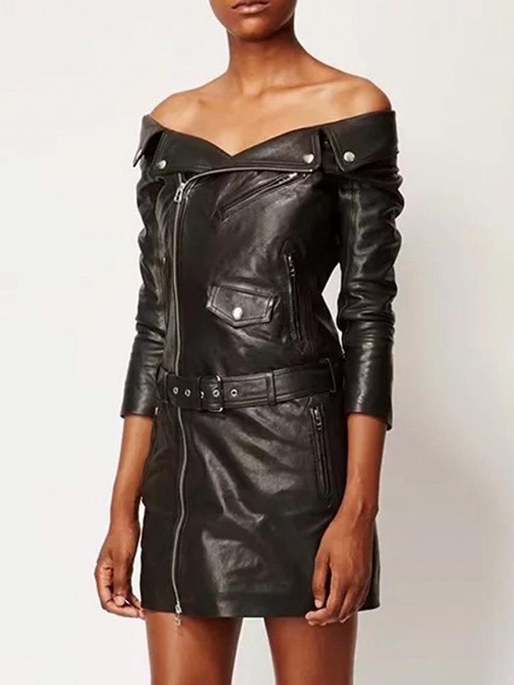 Choies Black Off Shoulder Zip Detail Buckle Belt Pu Mini Dress