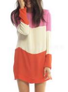 Choies Orange Red Contrast Long Sleeve Keyhole Shift Dress
