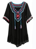 Choies Black Crochet Panel Tassel Tie Fill Hem Dress