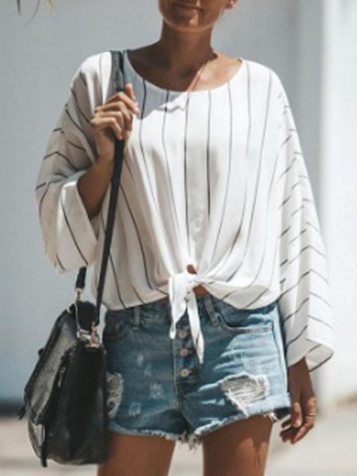 Choies White Stripe Tie Front Batwing Sleeve Chic Women Blouse