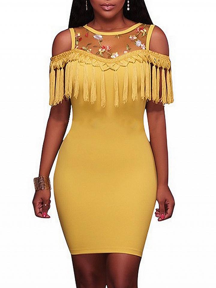 Choies Yellow Cold Shoulder Mesh Panel Tassel Trim Bodycon Mini Dress