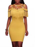Choies Yellow Cold Shoulder Mesh Panel Tassel Trim Bodycon Mini Dress